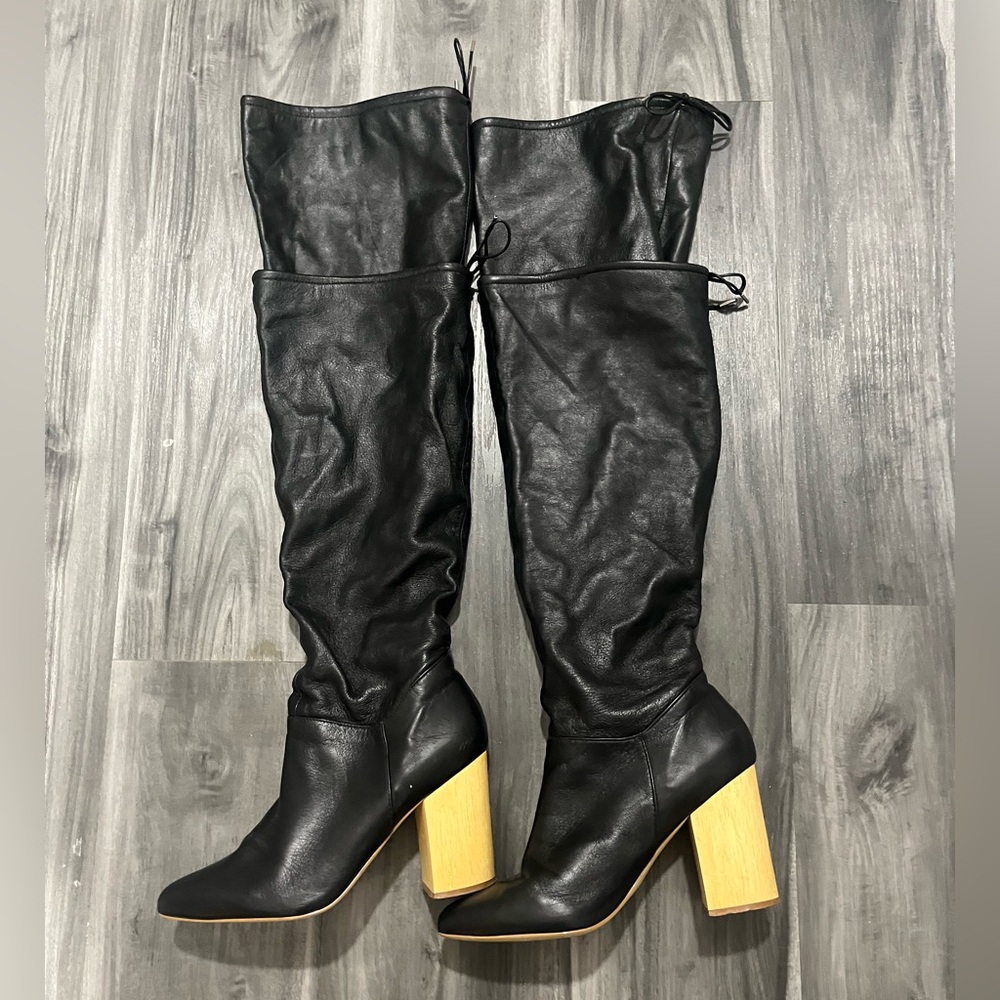 Anthropologie Black Over the Knee Boots with Tan Heel